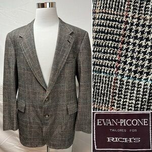 Vintage Evan-Picone Men’s 48L Tan Black Plaid Houndstooth Tweed Sport Coat USA